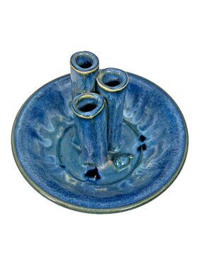 Vintage Handmade Studio Pottery Ikebana Flower Frog Vase – Blue Drip Glaze
